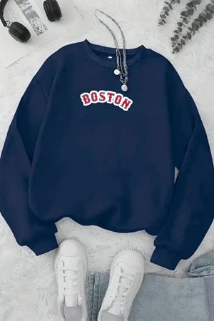 Unisex Lacivert BOSTON Baskılı Bisiklet Yaka Sweatshirt- Kışlık Şardonlu Kumaş