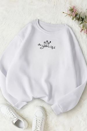 Unisex Beyaz BE-YOU-TİFUL Baskılı Bisiklet Yaka Sweatshirt- Kışlık Şardonlu Kumaş