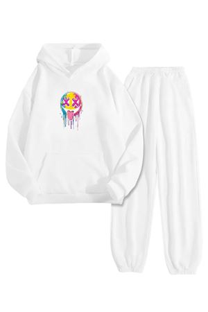 Beyaz Eşofman Takımı – Renkli Yüz Baskılı, Kapüşonlu Sweatshirt ve Jogger Pantolon