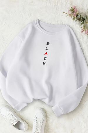 Unisex Beyaz BLACK Baskılı Bisiklet Yaka Sweatshirt- Kışlık Şardonlu Kumaş