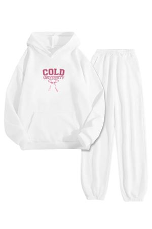 Beyaz Eşofman Takımı – Cold Univercity Baskılı, Kapüşonlu Sweatshirt ve Jogger Pantolon