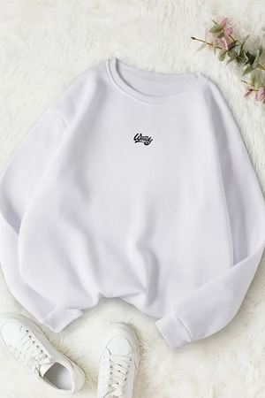 Unisex Beyaz WEEDY Baskılı Bisiklet Yaka Sweatshirt- Kışlık Şardonlu Kumaş