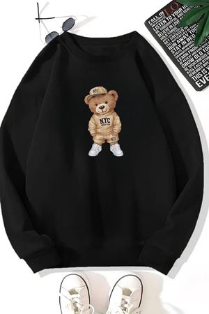 Unisex Siyah NYC AYI Baskılı Bisiklet Yaka Sweatshirt- Kışlık Şardonlu Kumaş