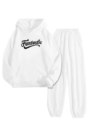 Beyaz Eşofman Takımı – Fantastic Baskılı, Kapüşonlu Sweatshirt ve Jogger Pantolon