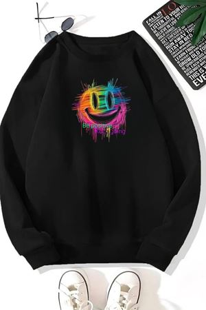 Unisex Siyah BE POSİTİVE Baskılı Bisiklet Yaka Sweatshirt- Kışlık Şardonlu Kumaş