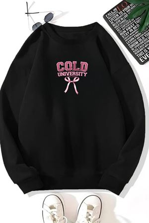 Unisex Siyah COLD UNİVERSİTY Baskılı Bisiklet Yaka Sweatshirt- Kışlık Şardonlu Kumaş