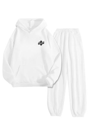 Beyaz Eşofman Takımı – Miami Minimal Baskılı, Kapüşonlu Sweatshirt ve Jogger Pantolon