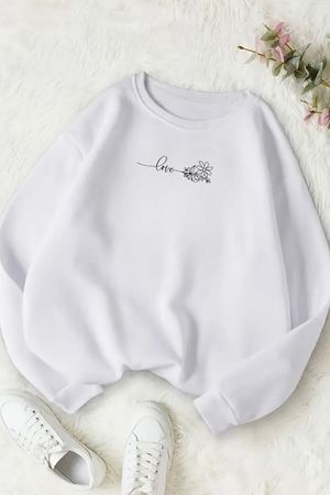 Unisex Beyaz LOVE ÇİÇEK Baskılı Bisiklet Yaka Sweatshirt- Kışlık Şardonlu Kumaş
