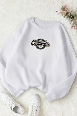 Unisex Beyaz CHAMPİON Baskılı Bisiklet Yaka Sweatshirt- Kışlık Şardonlu Kumaş
