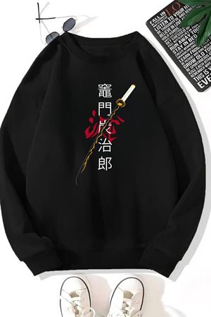 Unisex Siyah JAPON KILIÇ Baskılı Bisiklet Yaka Sweatshirt- Kışlık Şardonlu Kumaş