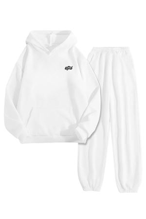Beyaz Eşofman Takımı – Original Minimal Baskılı, Kapüşonlu Sweatshirt ve Jogger Pantolon