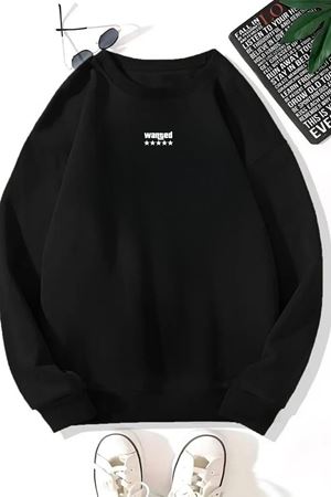 Unisex Siyah MİNİMAL WANTED Baskılı Bisiklet Yaka Sweatshirt- Kışlık Şardonlu Kumaş