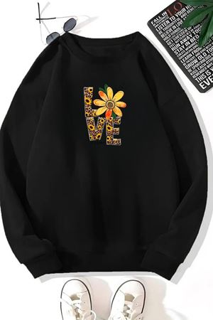 Unisex Siyah LOVE Baskılı Bisiklet Yaka Sweatshirt- Kışlık Şardonlu Kumaş