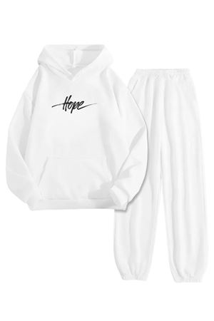 Beyaz Eşofman Takımı – Hope Baskılı, Kapüşonlu Sweatshirt ve Jogger Pantolon