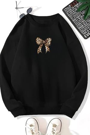 Unisex Siyah LEOPAR KURDELA Baskılı Bisiklet Yaka Sweatshirt- Kışlık Şardonlu Kumaş