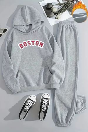 Unisex KIRMIZI BOSTON Baskılı Kapüşonlu Gri Eşofman Takımı - Kışlık Şardonlu Kumaş