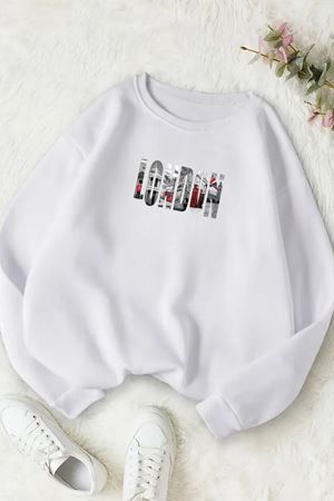 Unisex Beyaz LONDON Baskılı Bisiklet Yaka Sweatshirt- Kışlık Şardonlu Kumaş