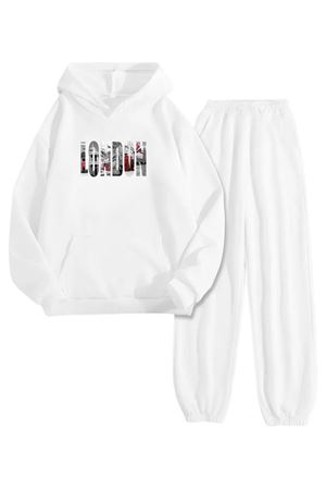 Beyaz Eşofman Takımı – London Baskılı, Kapüşonlu Sweatshirt ve Jogger Pantolon