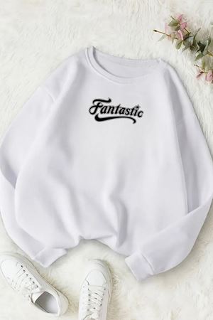 Unisex Beyaz FANTASTİC Baskılı Bisiklet Yaka Sweatshirt- Kışlık Şardonlu Kumaş