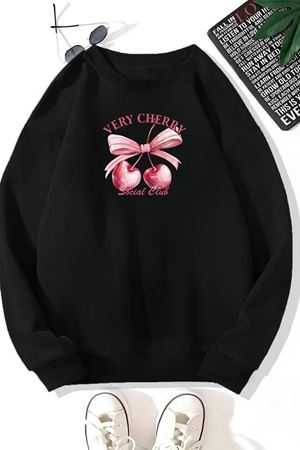 Unisex Siyah VERY CHERRY Baskılı Bisiklet Yaka Sweatshirt- Kışlık Şardonlu Kumaş