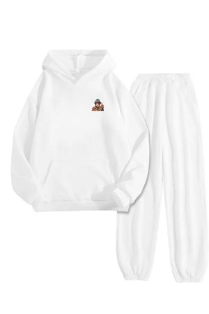 Beyaz Eşofman Takımı – Free Monkey Minimal Baskılı, Kapüşonlu Sweatshirt ve Jogger Pantolon