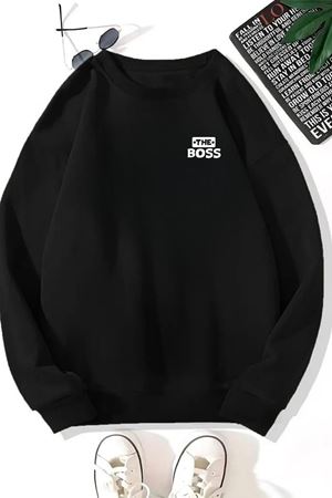 Unisex Siyah MİNİ THE BOS Baskılı Bisiklet Yaka Sweatshirt- Kışlık Şardonlu Kumaş