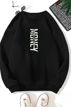 Unisex Siyah MONEY Baskılı Bisiklet Yaka Sweatshirt- Kışlık Şardonlu Kumaş