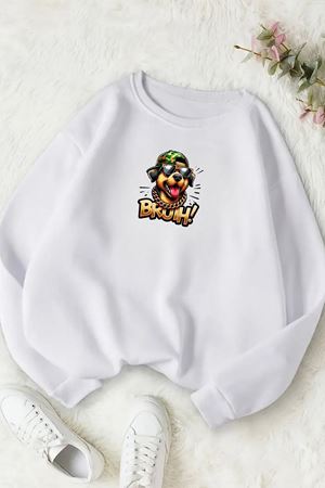 Unisex Beyaz BRUH Baskılı Bisiklet Yaka Sweatshirt- Kışlık Şardonlu Kumaş