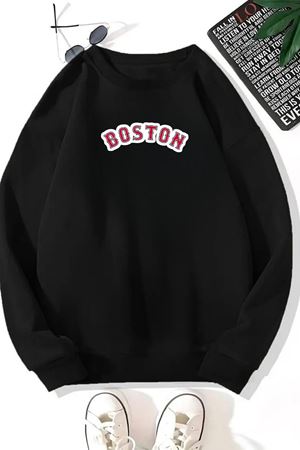 Unisex Siyah BOSTON KIRMIZI Baskılı Bisiklet Yaka Sweatshirt- Kışlık Şardonlu Kumaş