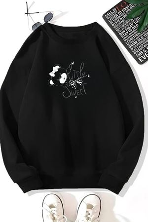 Unisex Siyah LİTTLE SWEET Baskılı Bisiklet Yaka Sweatshirt- Kışlık Şardonlu Kumaş