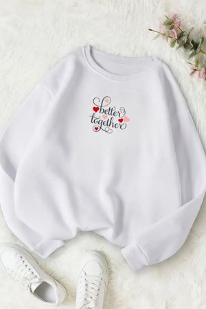 Unisex Beyaz TOGETHER Baskılı Bisiklet Yaka Sweatshirt- Kışlık Şardonlu Kumaş