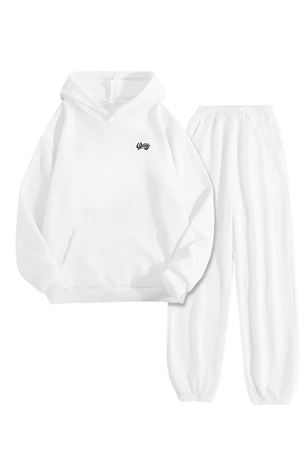 Beyaz Eşofman Takımı – Wedy Baskılı, Kapüşonlu Sweatshirt ve Jogger Pantolon