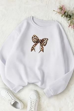 Unisex Beyaz LEOPAR KURDELA Baskılı Bisiklet Yaka Sweatshirt- Kışlık Şardonlu Kumaş