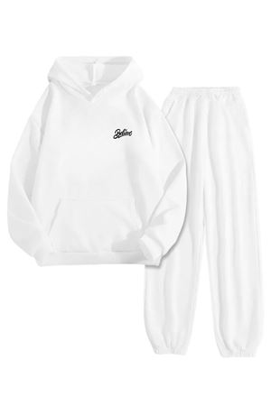 Beyaz Eşofman Takımı – Belive Minimal Baskılı, Kapüşonlu Sweatshirt ve Jogger Pantolon