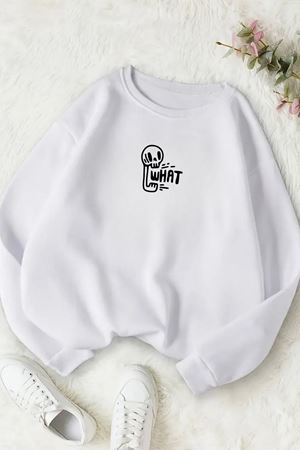 Unisex Beyaz WHAT Baskılı Bisiklet Yaka Sweatshirt- Kışlık Şardonlu Kumaş