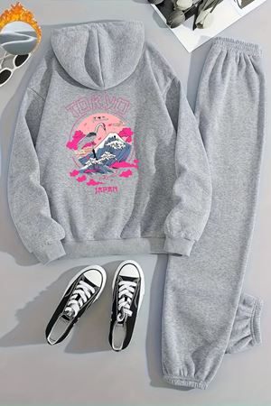 Unisex TOKYO JAPAN Baskılı Kapüşonlu Gri Eşofman Takımı - Kışlık Şardonlu Kumaş