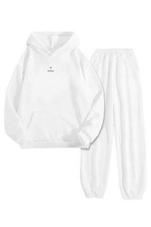Beyaz Eşofman Takımı – Always Minimal Baskılı, Kapüşonlu Sweatshirt ve Jogger Pantolon