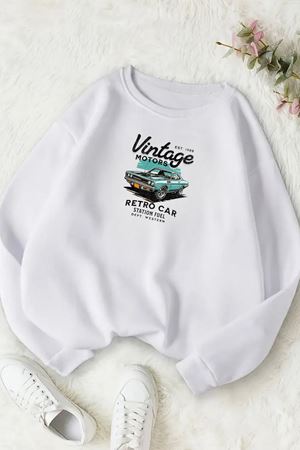 Unisex Beyaz VİNTAGE CAR Baskılı Bisiklet Yaka Sweatshirt- Kışlık Şardonlu Kumaş