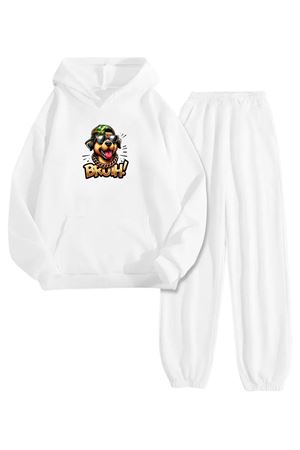 Beyaz Eşofman Takımı – Fantastic Dog Baskılı, Kapüşonlu Sweatshirt ve Jogger Pantolon