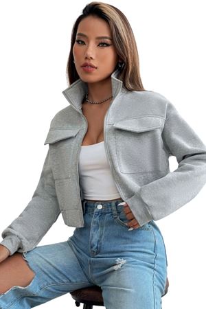 Kadın Dik Yaka Cepli Gri Crop Ceket
