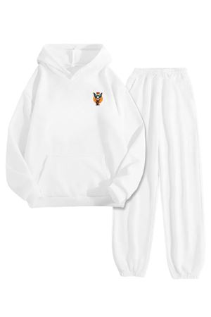 Beyaz Eşofman Takımı – Zürafa Minimal Baskılı, Kapüşonlu Sweatshirt ve Jogger Pantolon