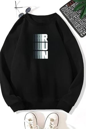 Unisex Siyah RUN Baskılı Bisiklet Yaka Sweatshirt- Kışlık Şardonlu Kumaş
