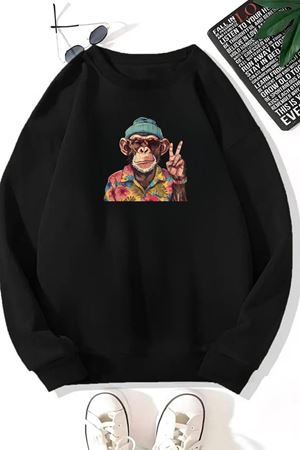 Unisex Siyah MAYMUN Baskılı Bisiklet Yaka Sweatshirt- Kışlık Şardonlu Kumaş