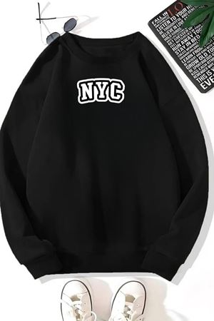 Unisex Siyah NYC Baskılı Bisiklet Yaka Sweatshirt- Kışlık Şardonlu Kumaş