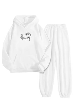 Beyaz Eşofman Takımı – Happy Baskılı, Kapüşonlu Sweatshirt ve Jogger Pantolon