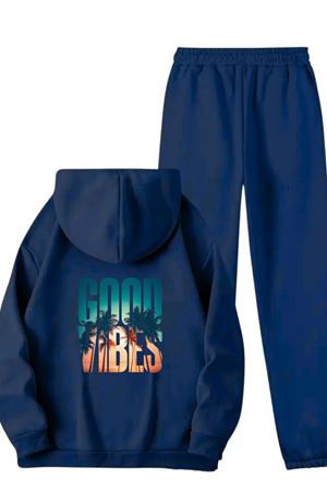 Unisex Lacivert GOOD VİBES SIRT Baskılı Eşofman Kapüşon- Kışlık Şardonlu Kumaş