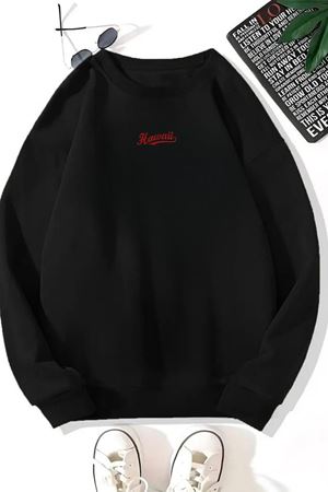 Unisex Siyah MİNİMAL HAWAİİ Baskılı Bisiklet Yaka Sweatshirt- Kışlık Şardonlu Kumaş