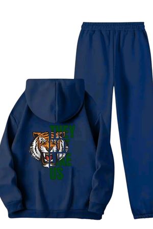 Unisex Lacivert Kaplan Baskılı Eşofman Kapüşon- Kışlık Şardonlu Kumaş