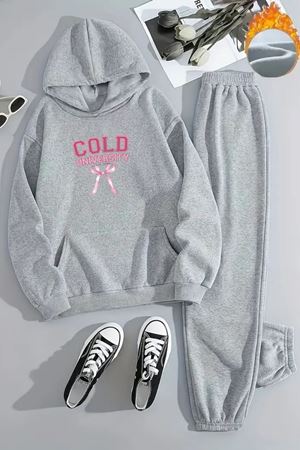 Unisex COLD UNIVERSITY Baskılı Kapüşonlu Gri Eşofman Takımı - Kışlık Şardonlu Kumaş