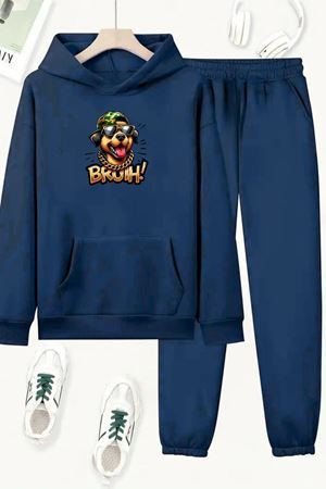 Unisex Lacivert BRUH Baskılı Eşofman Kapüşon- Kışlık Şardonlu Kumaş